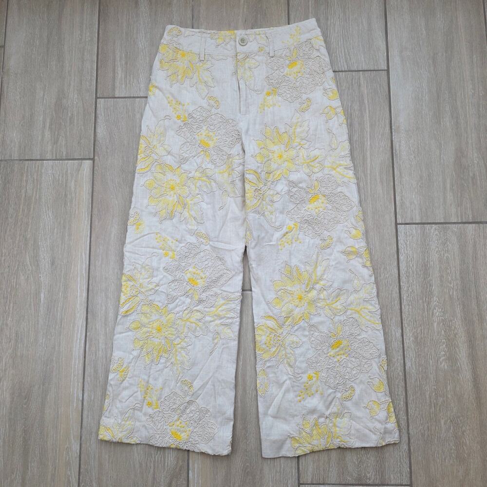 Antonio Melani Alexa Pants Women 4 Sand Butter Floral Soutache Embroidered Linen